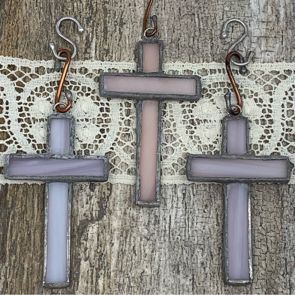 Vintage Rustic USA Folk Art Hanging Petite Pastel Stained Glass Cross Suncatcher